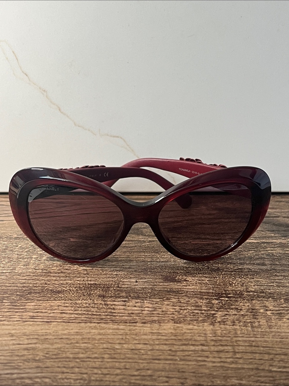 Authentic Chanel burgundy sunglasses with leather flowers on temples 5318-Q-A